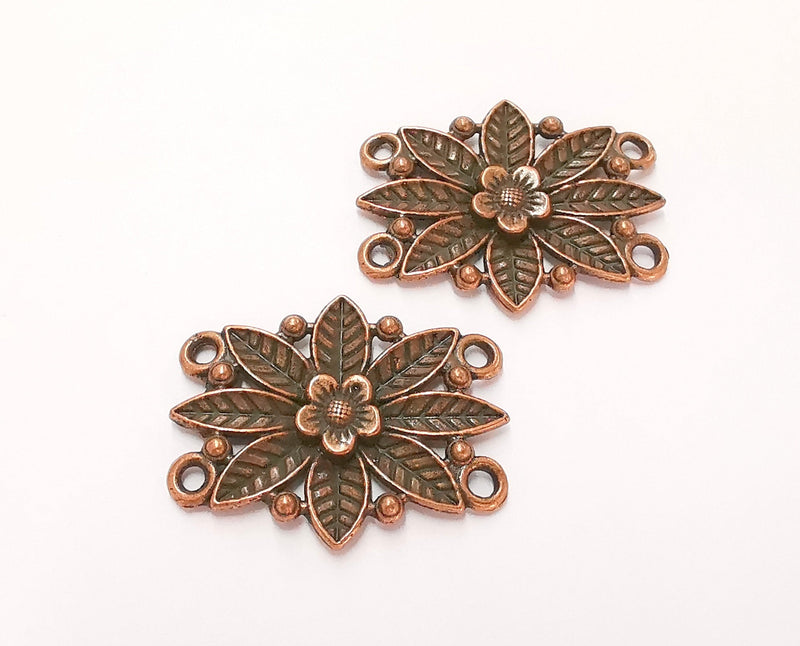 4 Copper Flower Connector Charms Antique Copper Plated Charms (34x27mm)  G22614