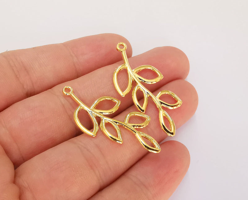 2 Branch Leaves Charms 24K Shiny Gold Plated Charms  (40x18mm)  G22625