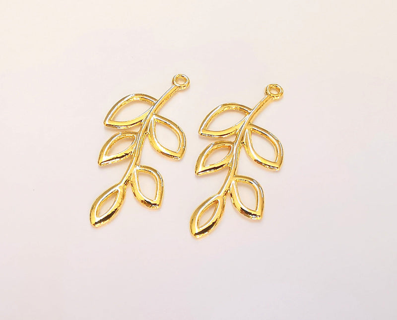 2 Branch Leaves Charms 24K Shiny Gold Plated Charms  (40x18mm)  G22625