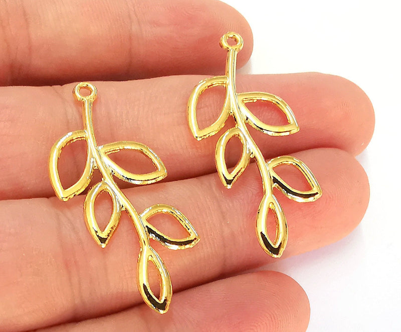 2 Branch Leaves Charms 24K Shiny Gold Plated Charms  (40x18mm)  G22625