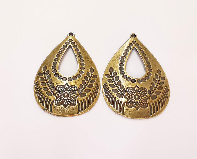 2 Drop Flower Charms Antique Bronze Plated Charms (42x28mm) G22784