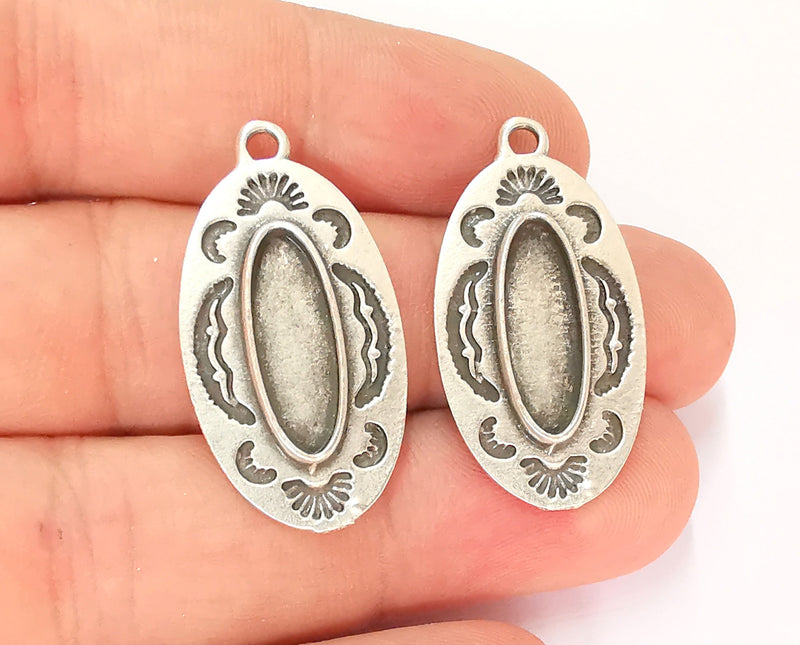 2 Silver Charms Blank Bezel Resin Bezel Mosaic Mountings Antique Silver Plated Charms (33x17mm) (18x6mm Oval Bezel Inner Size)  G22174