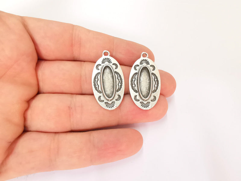 2 Silver Charms Blank Bezel Resin Bezel Mosaic Mountings Antique Silver Plated Charms (33x17mm) (18x6mm Oval Bezel Inner Size)  G22174