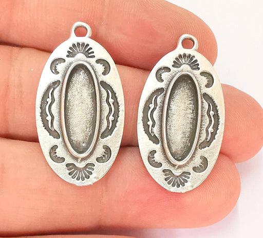 2 Silver Charms Blank Bezel Resin Bezel Mosaic Mountings Antique Silver Plated Charms (33x17mm) (18x6mm Oval Bezel Inner Size)  G22174