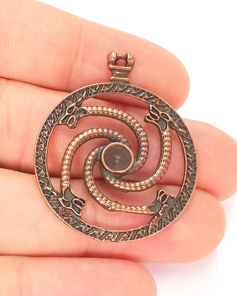 2 Dragons Charm Connector Cabochon Blank Bezel Antique Copper Plated Charm (41x34mm) (5mm Blank size) G22186