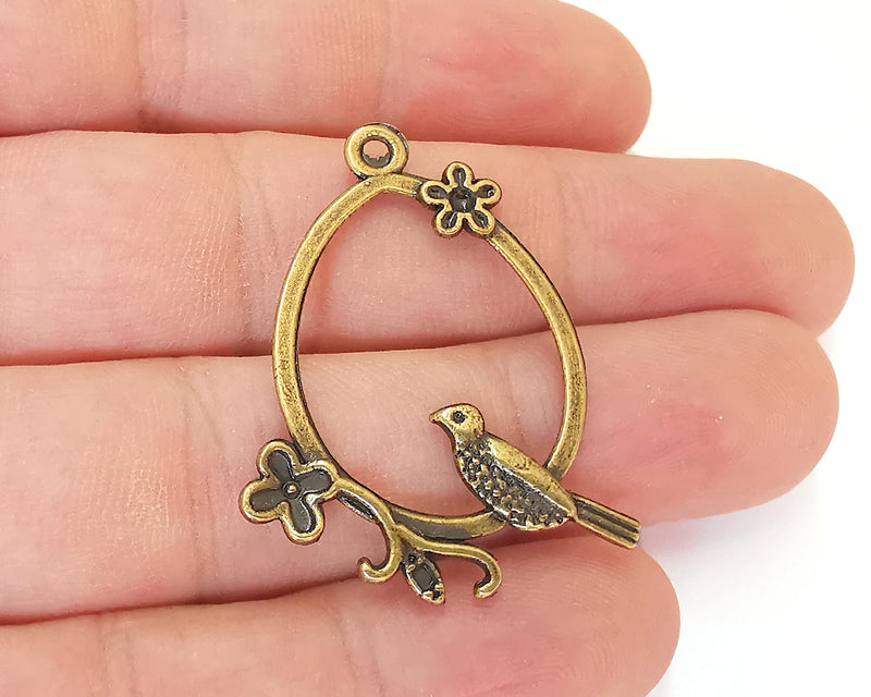 2 Bird Flower Charms Antique Bronze Plated Charms (39x30mm)  G22648