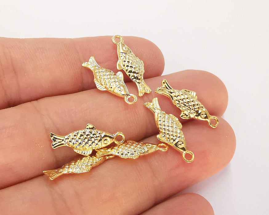 5 Fish Charms (Double Sided) 24k Shiny Gold Plated Charms (19x8mm)  G22665