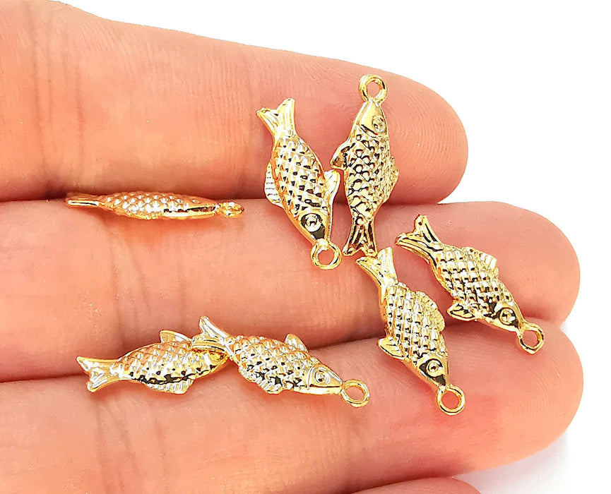 5 Fish Charms (Double Sided) 24k Shiny Gold Plated Charms (19x8mm)  G22665