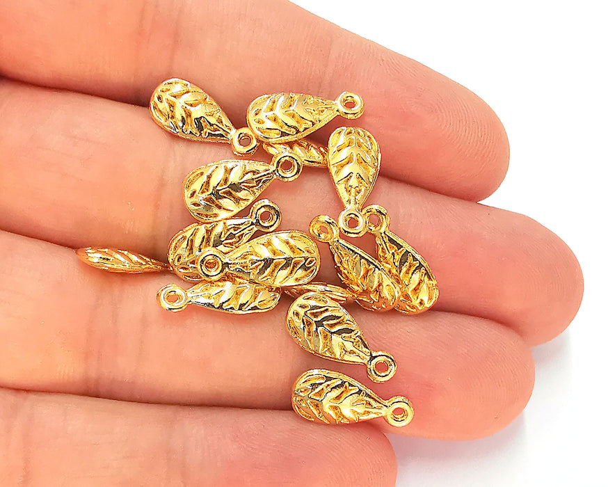 10 Leaf Charms (Double Sided) 24k Shiny Gold Plated Charms (15x7mm)  G22666