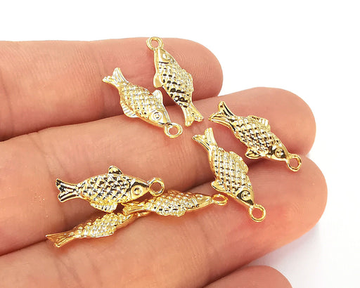 5 Fish Charms (Double Sided) 24k Shiny Gold Plated Charms (19x8mm)  G22665
