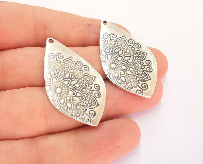 2 Flower Charms Antique Silver Plated Charms (40x24mm) G22265