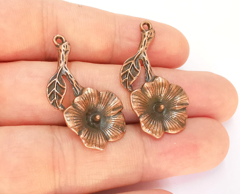 2 Flower Charms Antique Copper Plated Charms (37x18mm)  G22672