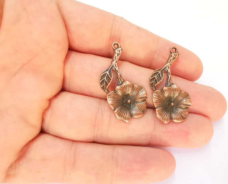 2 Flower Charms Antique Copper Plated Charms (37x18mm)  G22672