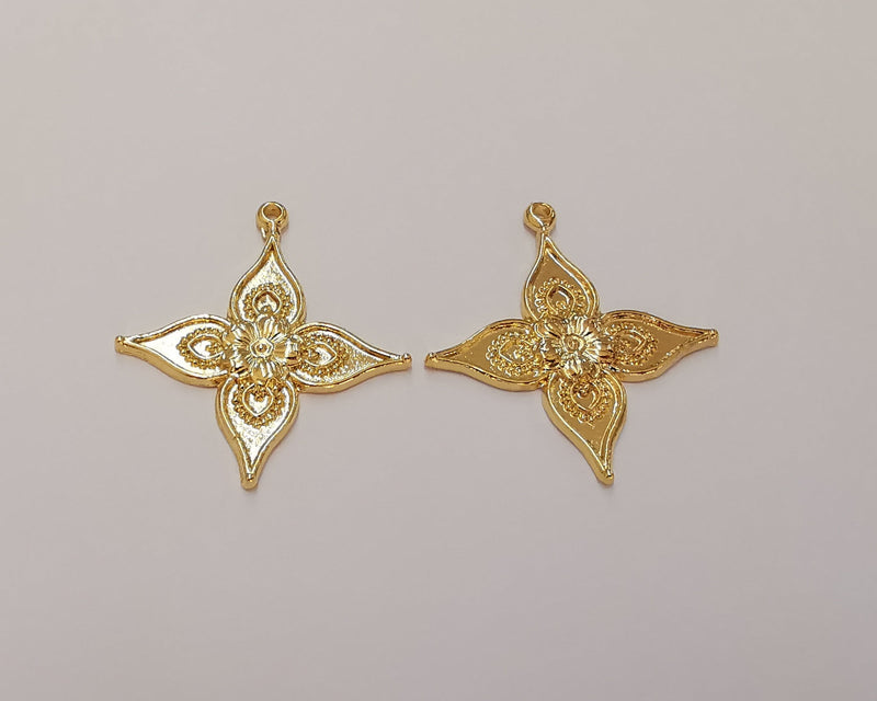 2 Flower Charms 24k Shiny Gold Plated Charms (36x32mm)  G22676