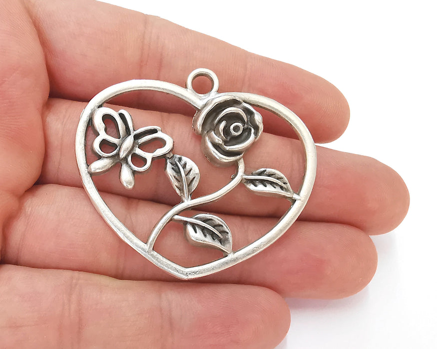 Heart Rose Butterfly Pendant Antique Silver Plated Pendant (51x46mm)  G22678