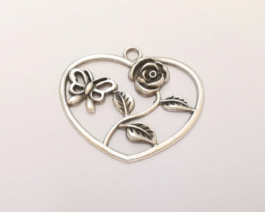 Heart Rose Butterfly Pendant Antique Silver Plated Pendant (51x46mm)  G22678