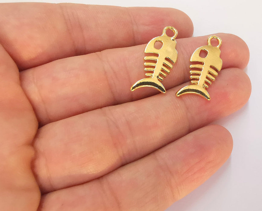 2 Fish Bone Charms (Double Sided) 24k Shiny Gold Plated Charms (27x11mm)  G22692