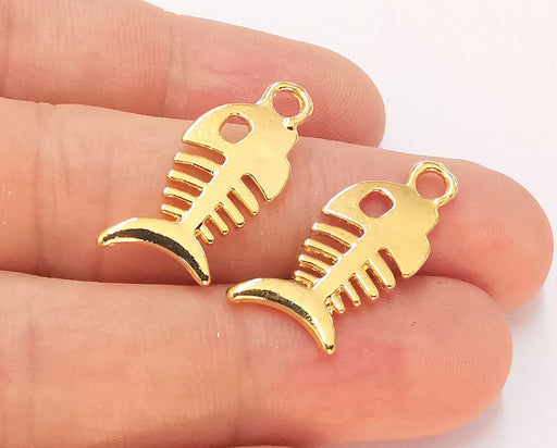 2 Fish Bone Charms (Double Sided) 24k Shiny Gold Plated Charms (27x11mm)  G22692