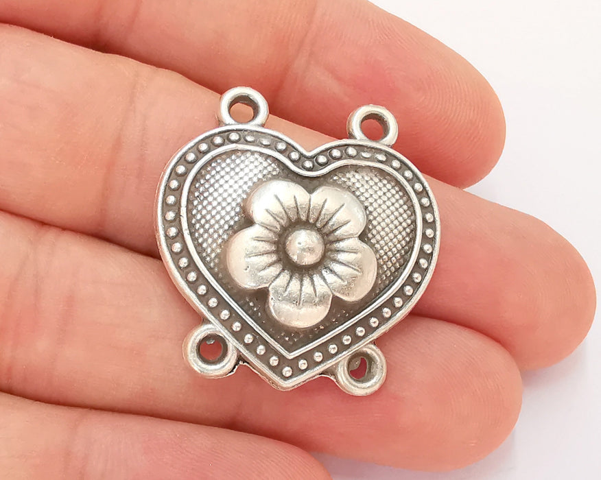 4 Heart Flower Connector Charms Antique Silver Plated Charms (32x30mm) G22700