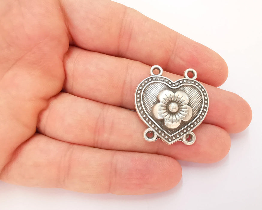 4 Heart Flower Connector Charms Antique Silver Plated Charms (32x30mm) G22700