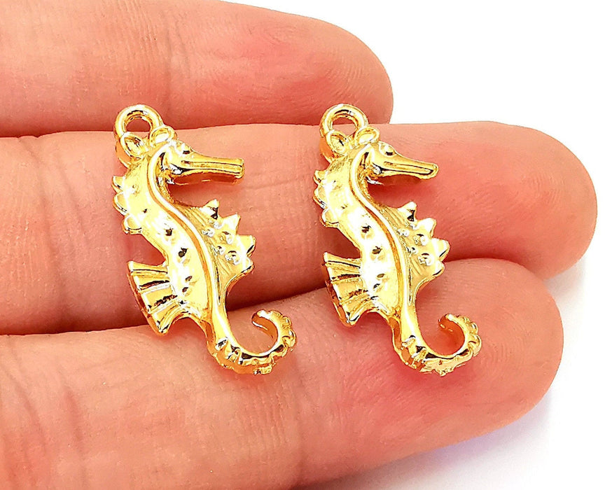 2  Seahorse Charm (Double Sided) 24K Shiny Gold Plated Charms (28x12mm) G22708