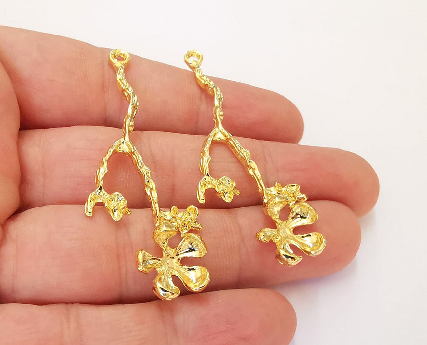 2  Flower Charm  24K Shiny Gold Plated Charms (61x21mm) G22709