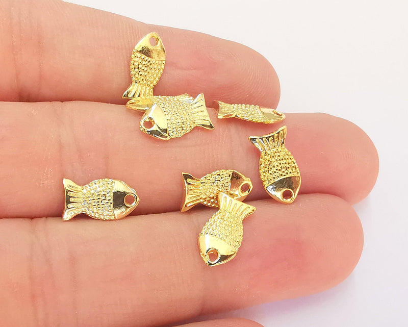 10 Shiny Gold Fish (Double Sided) Charms 24k Shiny Gold Charms (12x7mm)  G22296