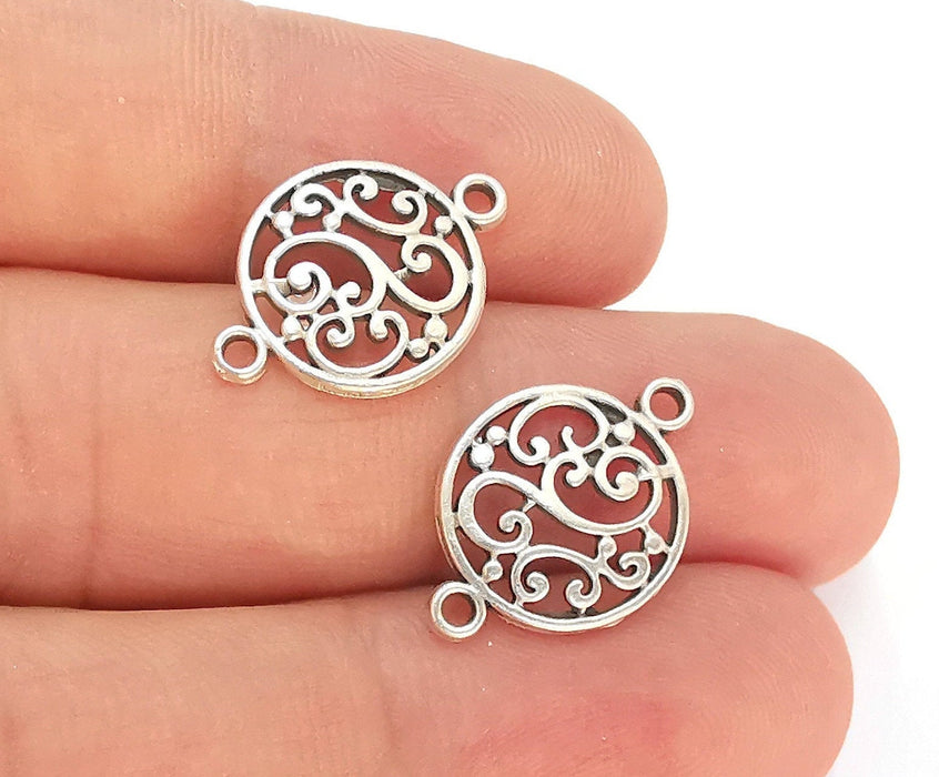 10 Round Filigree Charms Connector Antique Silver Plated Charms (20x14mm) G22304