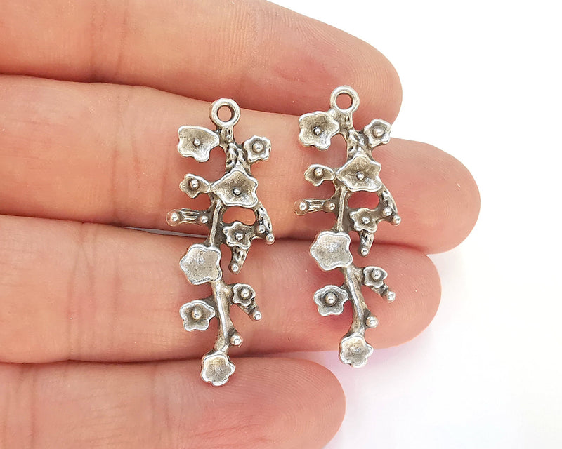 4 Flower Branch Charms Antique Silver Plated Charms (40x15mm) G21709