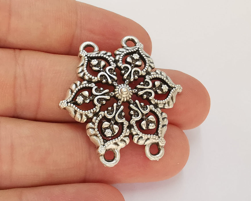 2 Flower Charms Connector Antique Silver Plated Charms (36x34mm)  G22716