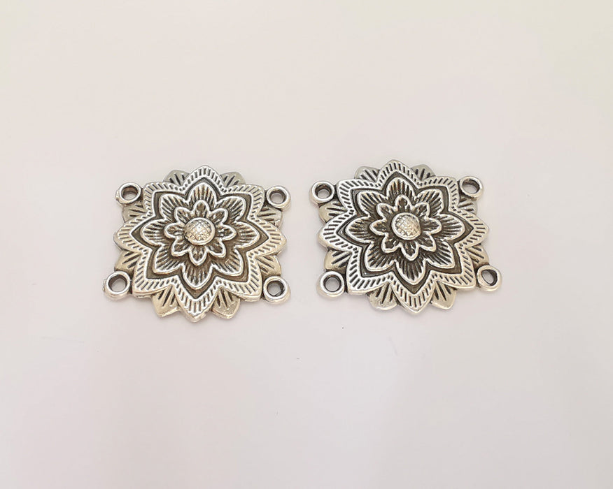 2 Flower Charms Connector Antique Silver Plated Charms (28x26mm)  G22718