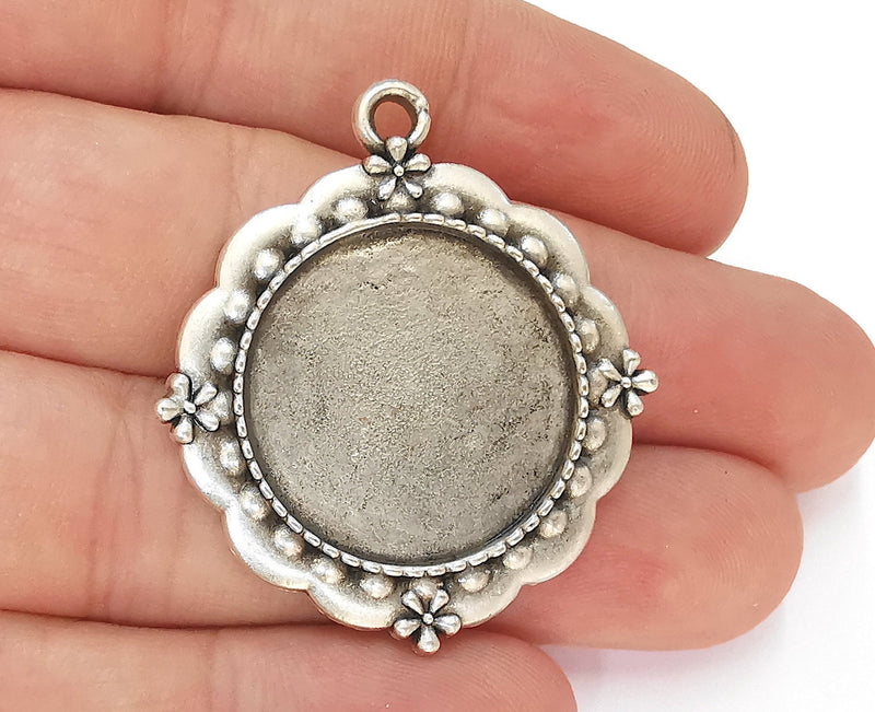 Flowers Frame Pendant Blank Antique Silver Plated Pendant (42x37mm) (24mm Blank Size)  G22721