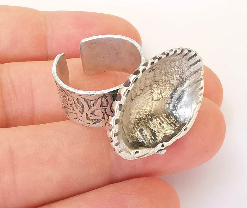 Shell Ring Blank Base Setting Resin Ring Bezel inlay Ring Backs Mounting Adjustable Ring Base (24x18mm blank) Antique Silver Plated G22330