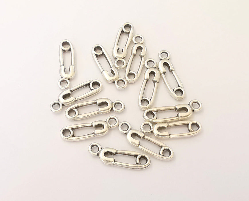 10 Safety pin Shape Charms Antique Silver Plated Charms (19x6mm) G22335