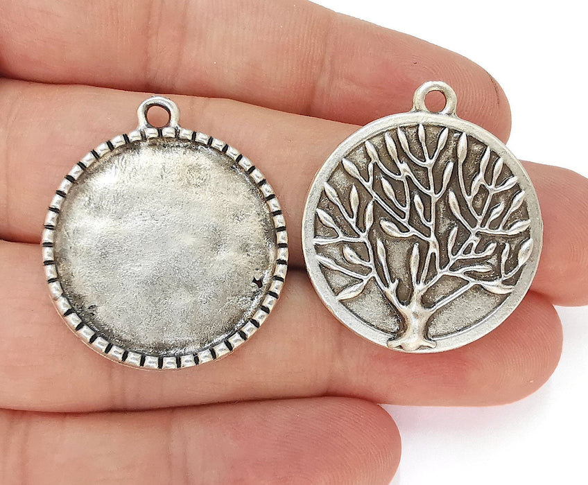 2 Tree Frame Pendant Blank Antique Silver Plated Pendant (32x28mm) (24mm Blank Size)  G22723