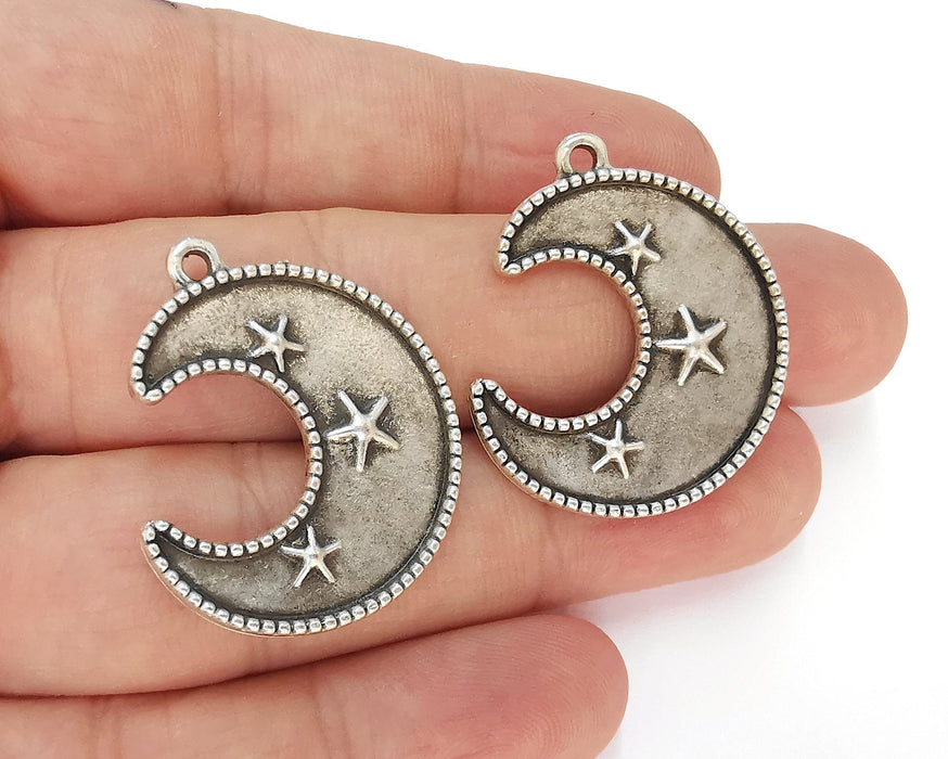 2 Crescent Star Charms Antique Silver Plated Charms (33x27mm)  G22724