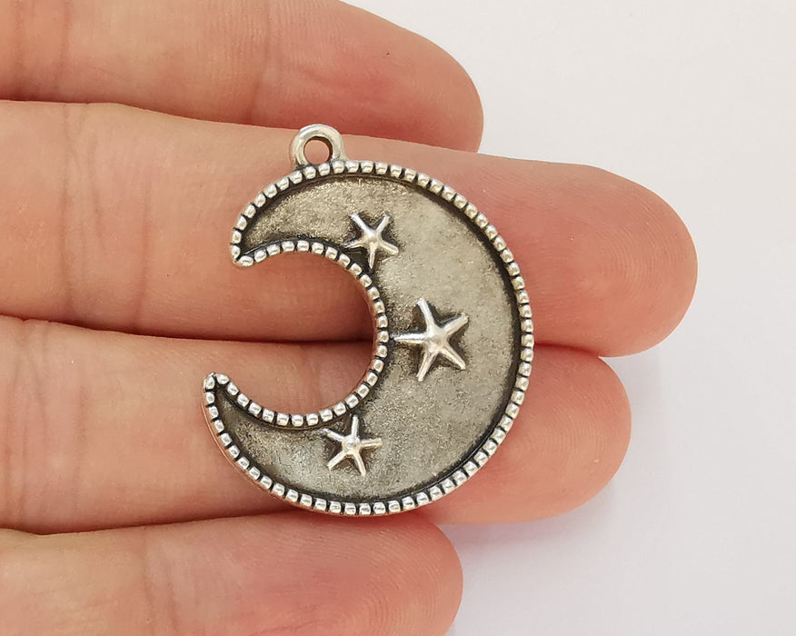 2 Crescent Star Charms Antique Silver Plated Charms (33x27mm)  G22724