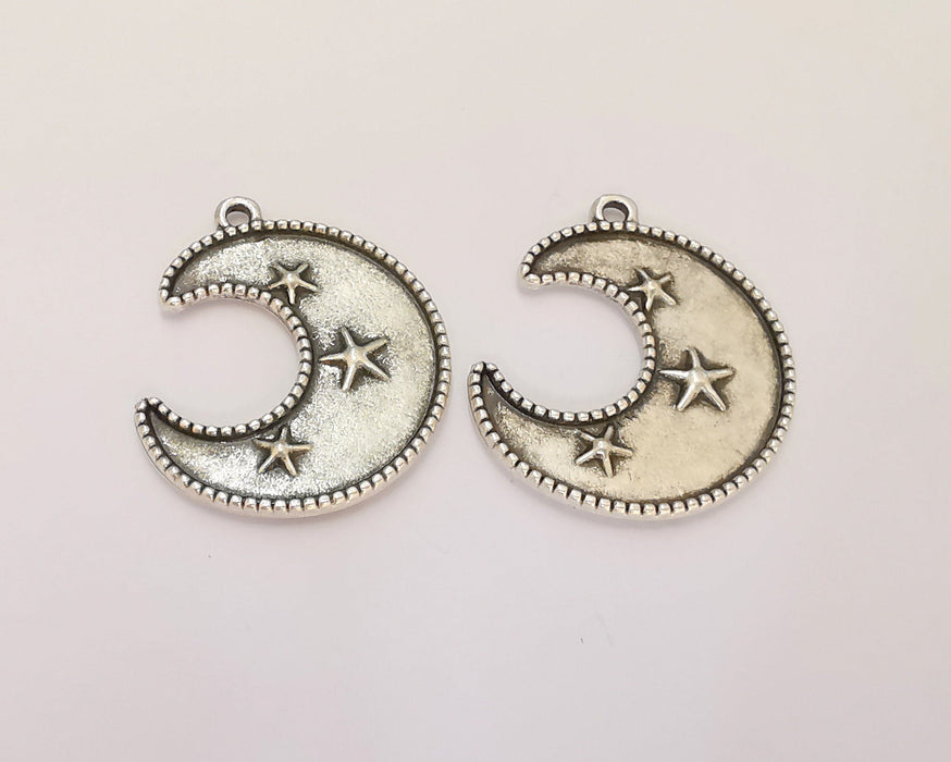 2 Crescent Star Charms Antique Silver Plated Charms (33x27mm)  G22724