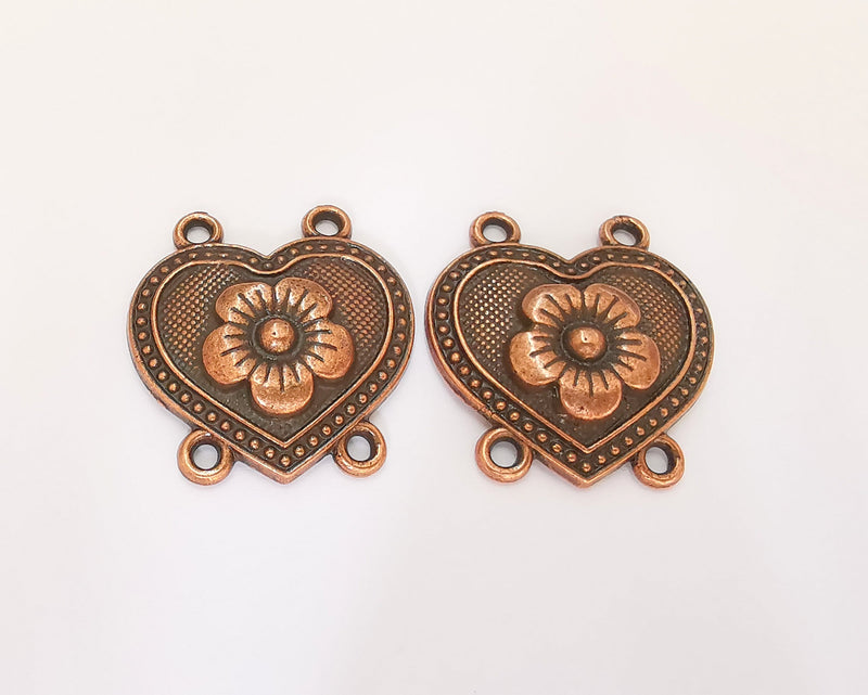 2 Heart Flower Connector Charms with four Loop Antique Copper Plated Charms (32x30mm) G22726