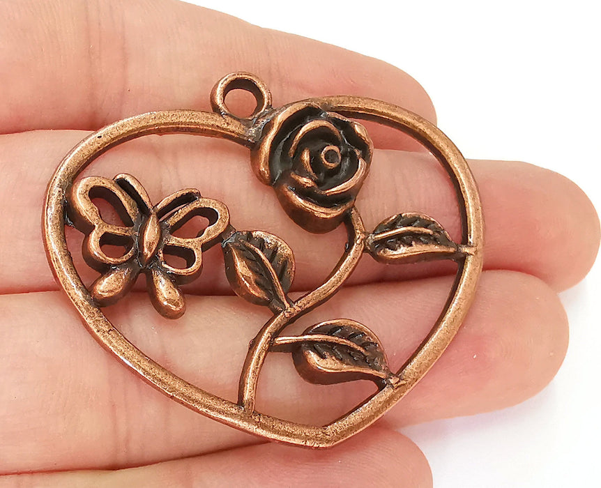 Heart Rose Butterfly Pendant Antique Copper Plated Pendant (51x46mm)  G22727