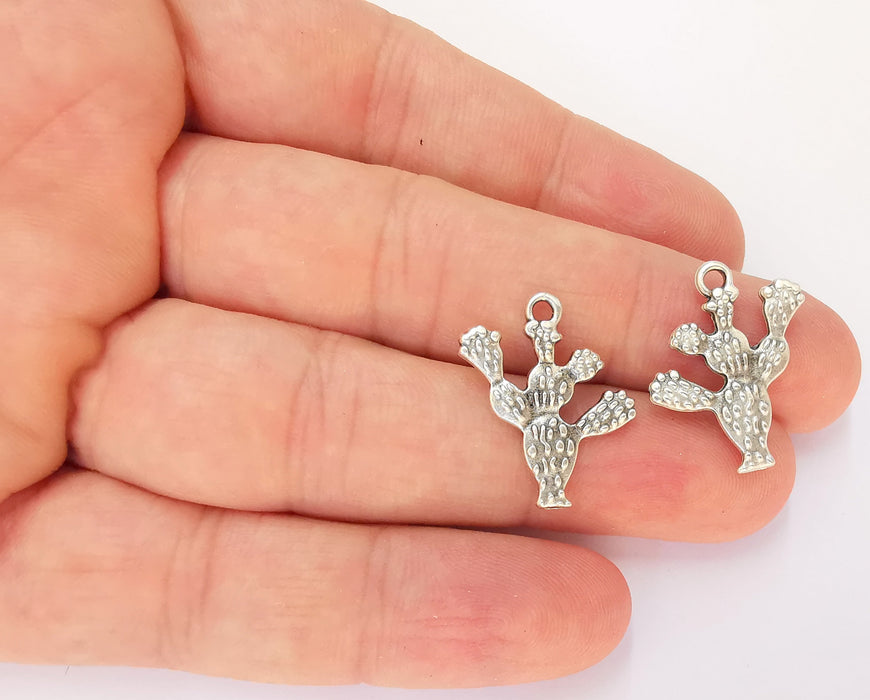 4 Cactus Charms (Double Sided) Antique Silver Plated Charms (23x21mm)  G22735