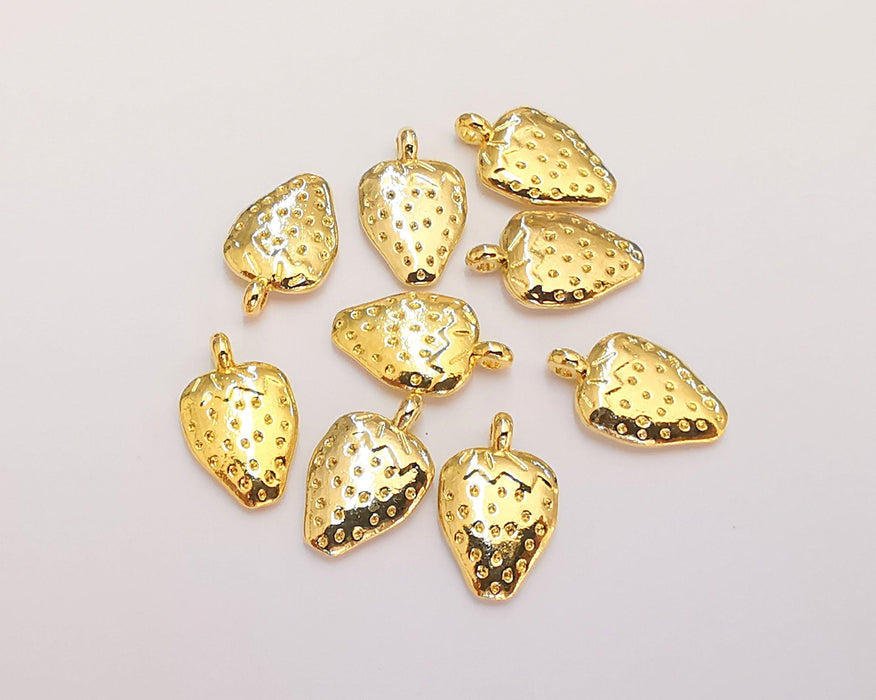 5 Strawberry Charms Shiny Gold Double Sided Plated Charms (14x9mm)  G22338