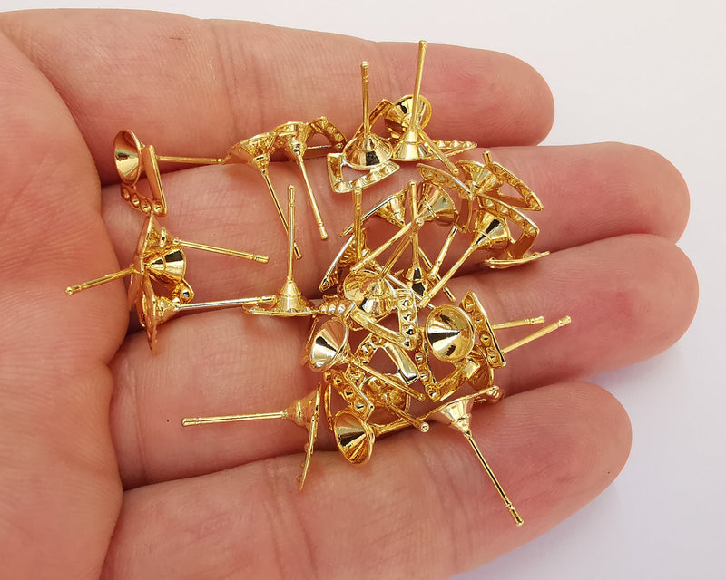 6 Gold Earring Wire Pointed Back Cabachons Bezel (6 pcs - 3 pairs) 24k Shiny Gold Brass, Cone Shape Blank (5mm blank) G22339