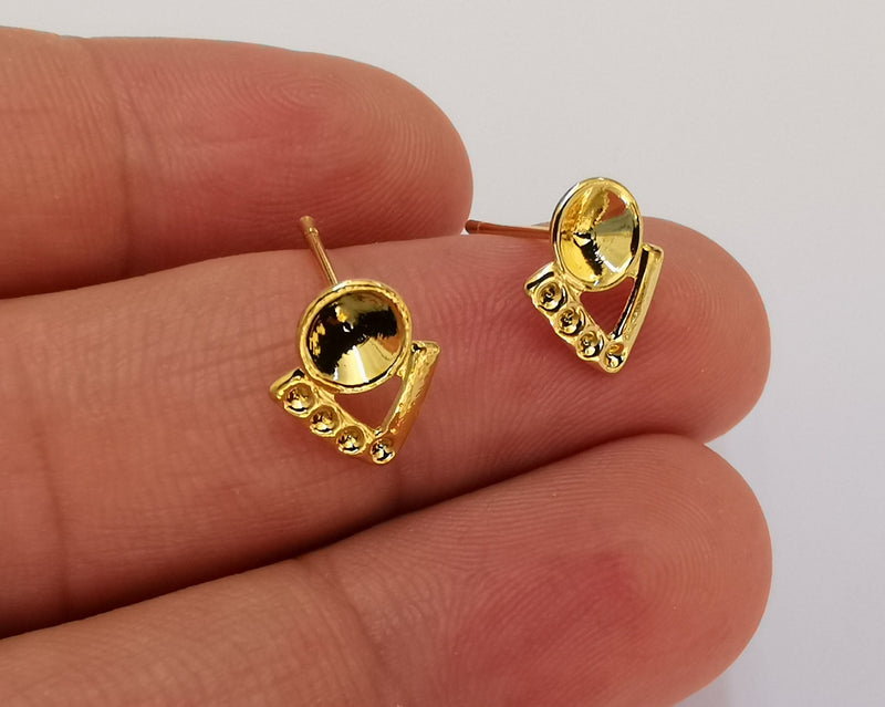 6 Gold Earring Wire Pointed Back Cabachons Bezel (6 pcs - 3 pairs) 24k Shiny Gold Brass, Cone Shape Blank (5mm blank) G22339