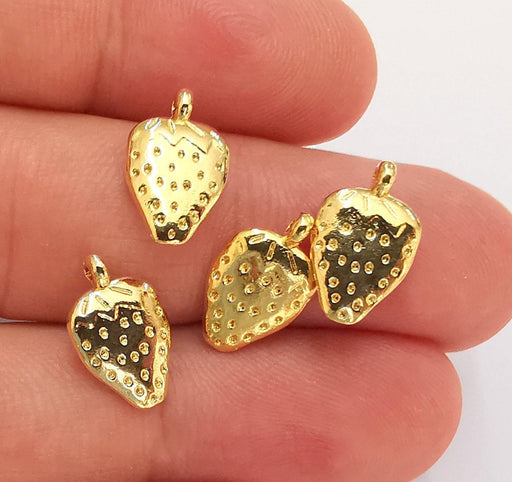 5 Strawberry Charms Shiny Gold Double Sided Plated Charms (14x9mm)  G22338
