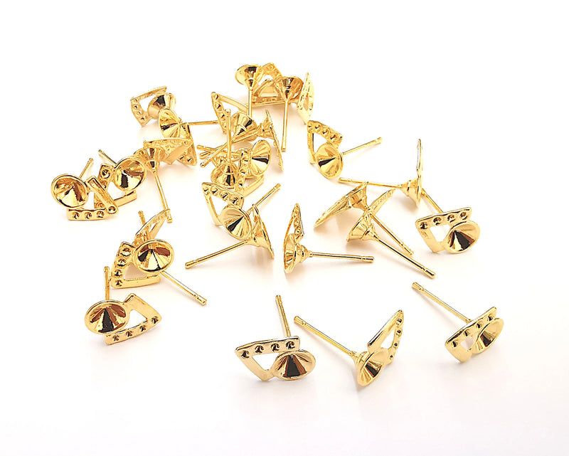 6 Gold Earring Wire Pointed Back Cabachons Bezel (6 pcs - 3 pairs) 24k Shiny Gold Brass, Cone Shape Blank (5mm blank) G22339