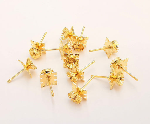 6 Gold Earring Wire Pointed Back Cabachons Bezel (6 pcs - 3 pairs) 24k Shiny Gold Brass, Cone Shape Blank (5mm blank) G22342