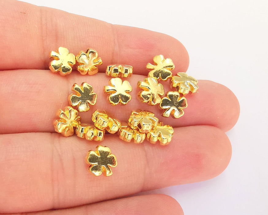 5 Four Leaf Clover Charms 24K Shiny Gold Plated Beads (8mm)  G22351