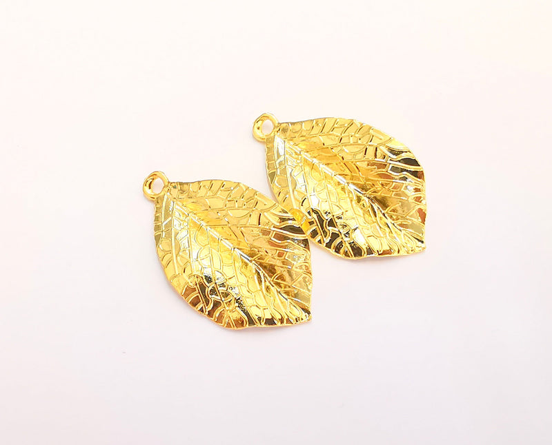 2 Leaf Charms Shiny Gold Plated Charms (34x19mm)  G22370