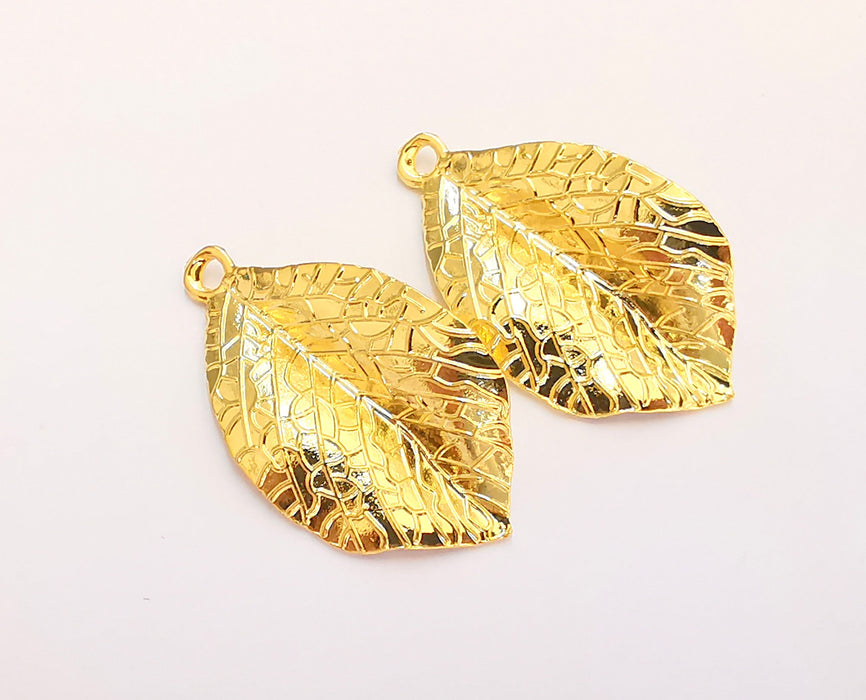 2 Leaf Charms Shiny Gold Plated Charms (34x19mm)  G22370